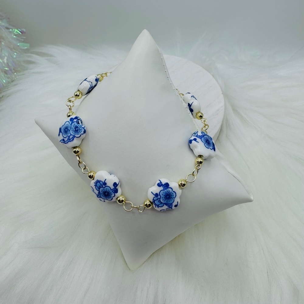 Blue Floral Design and shape Porcelain Beaded Bracelet